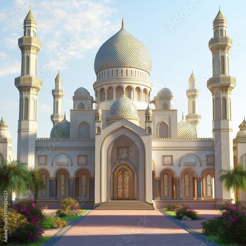 Wallpaper Mural Impressive 3D model of mosque exterior. Architectural design shows detailed domes, minarets. Rich landscaping surrounds building. Peaceful, serene atmosphere. Suitable for architectural, religious Torontodigital.ca