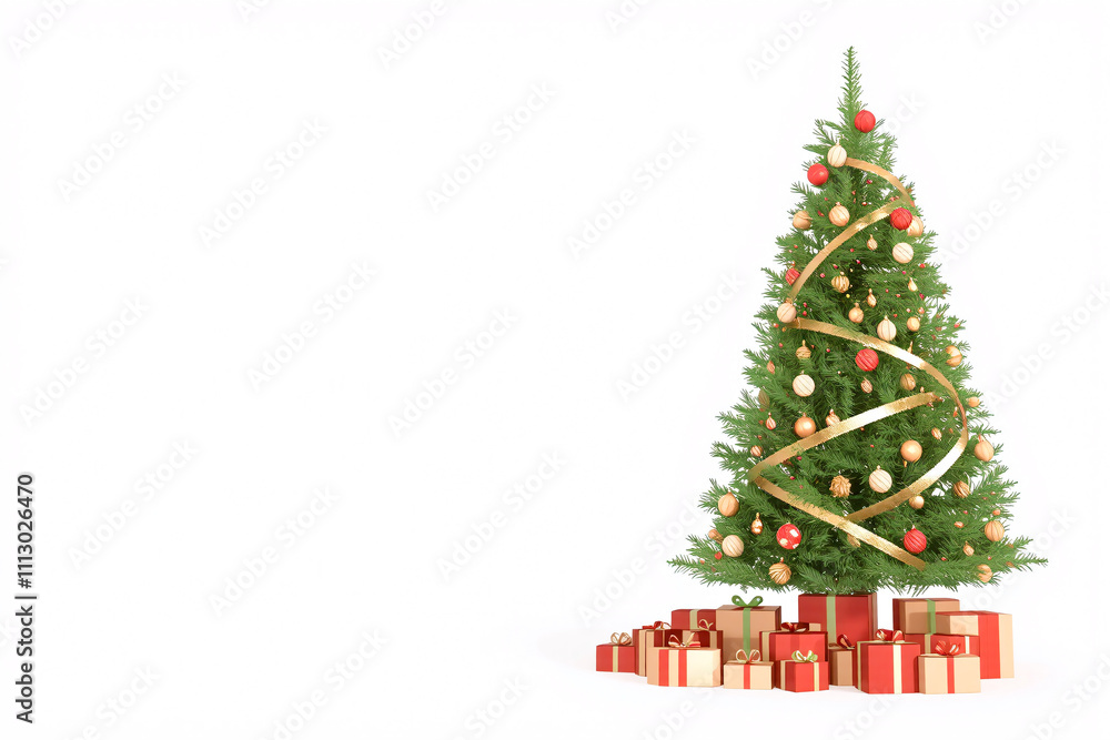 A Christmas-themed mockup with a decorated tree and gifts on a white background with left space A Christmas-themed mockup with a decorated tree and gifts on a white background with left space