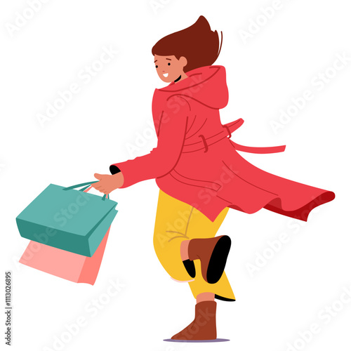 Happy stylish woman shopaholic cartoon character running with shopping bags isolated on white