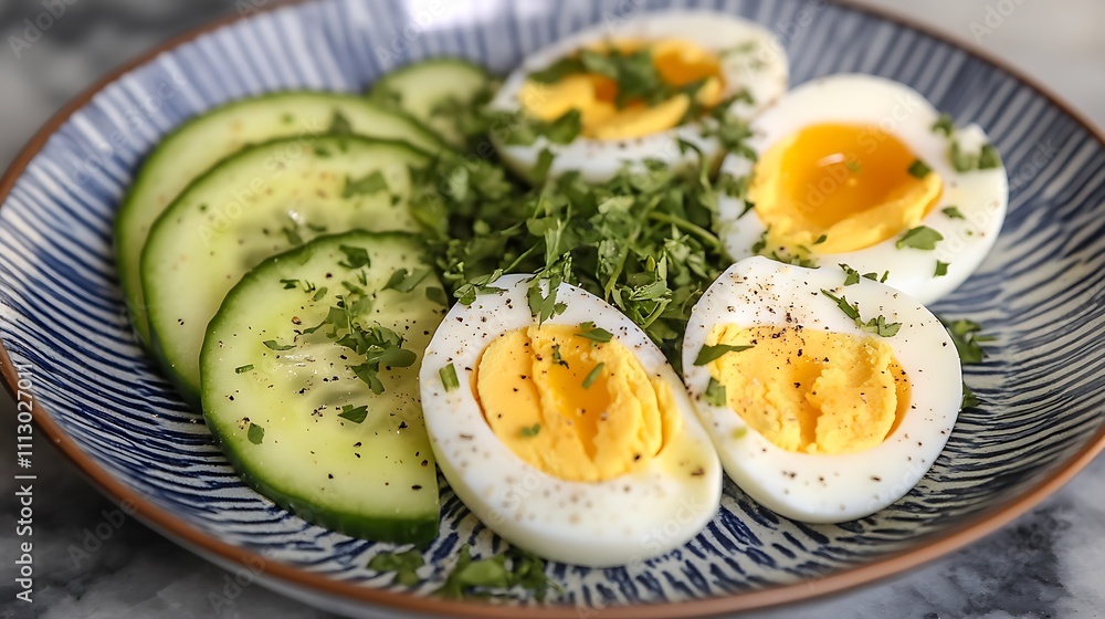A healthy plate of low-carb snacks, featuring cucumber slices, avocado, and boiled eggs, garnished with herbs A healthy plate of low-carb snacks, featuring cucumber slices, avocado, and boiled eggs, garnished with herbs