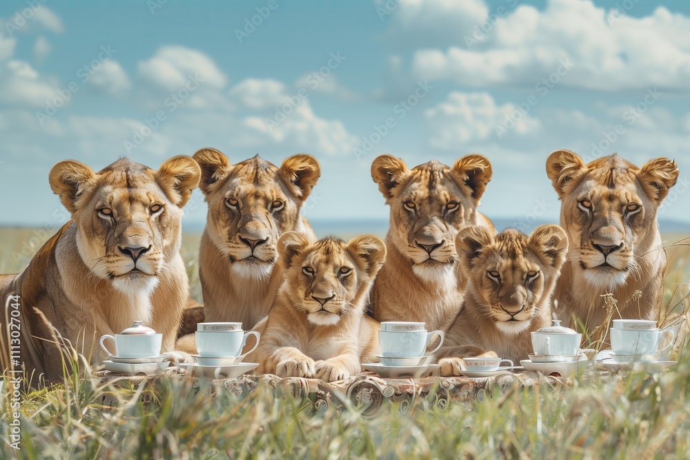 A whimsical scene of lions enjoying a tea party in a grassy landscape under a blue sky. A whimsical scene of lions enjoying a tea party in a grassy landscape under a blue sky.