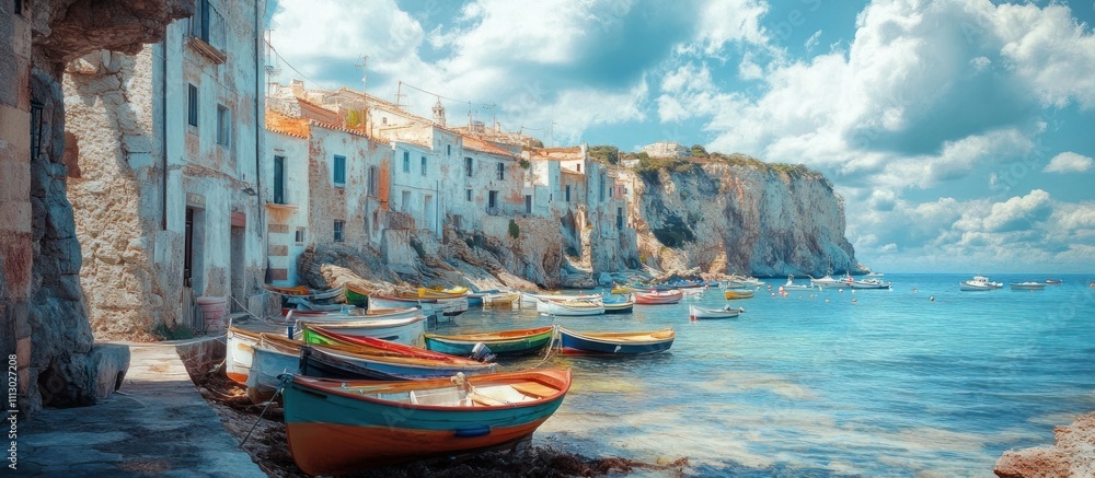Obraz premium Colorful boats line a harbor in front of a coastal town on a sunny day.