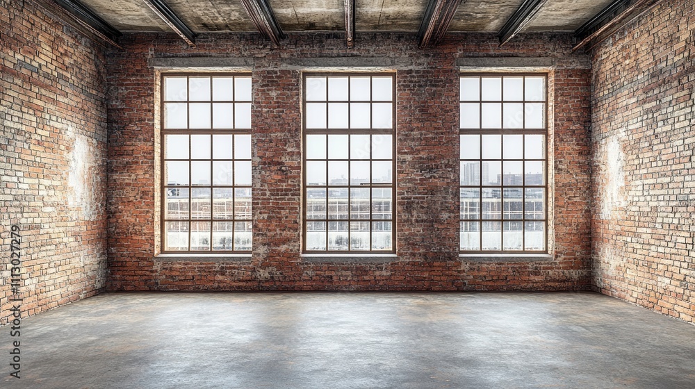Industrial-style room with large windows and exposed brick walls. Industrial-style room with large windows and exposed brick walls.