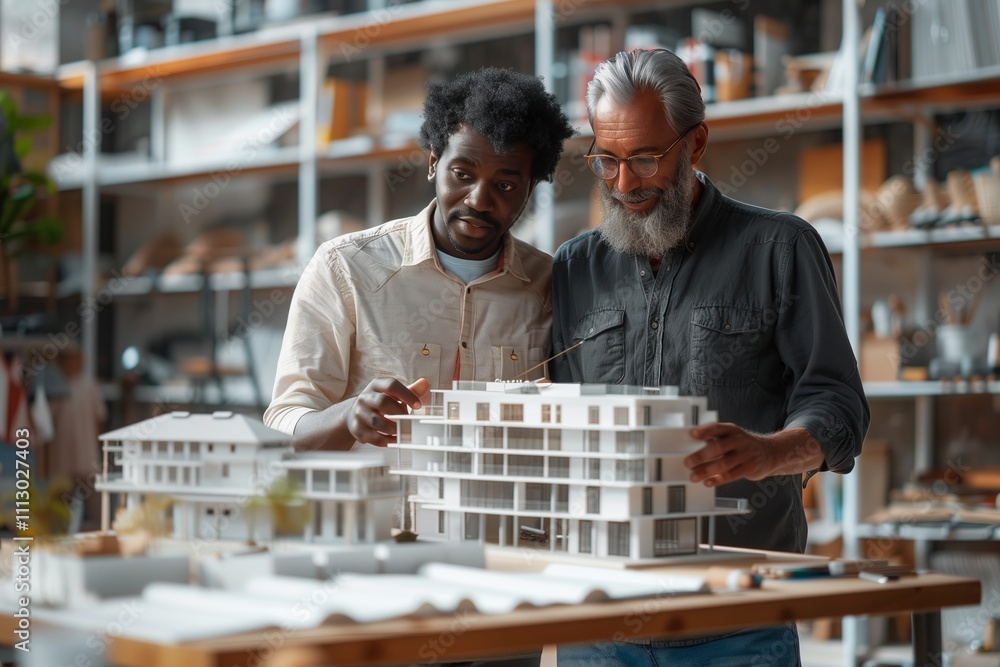 Architects collaborating on a detailed model of a modern building in a creative workspace. Architects collaborating on a detailed model of a modern building in a creative workspace.