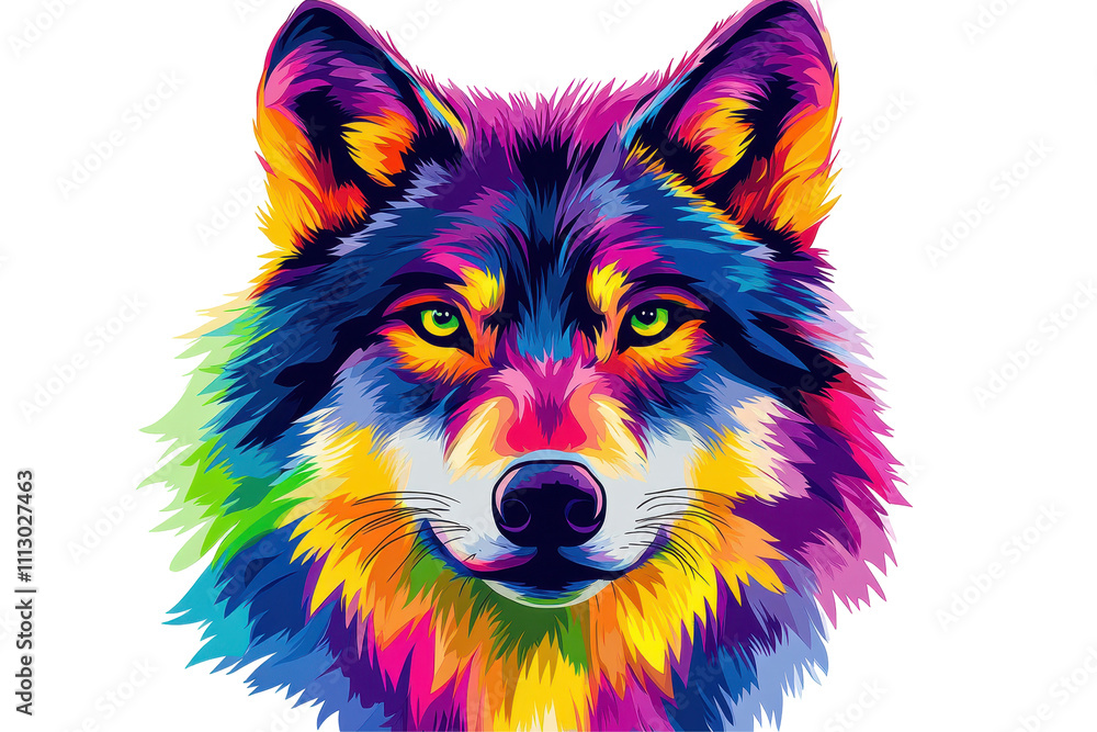 Naklejka premium Wolf in a multicolored style that combines nature and art