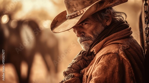 A cowboy dressed in weathered clothing watches horses in the fading sunlight. The warm golden tones of sunset create a nostalgic atmosphere and highlight his focused expression. Generative AI