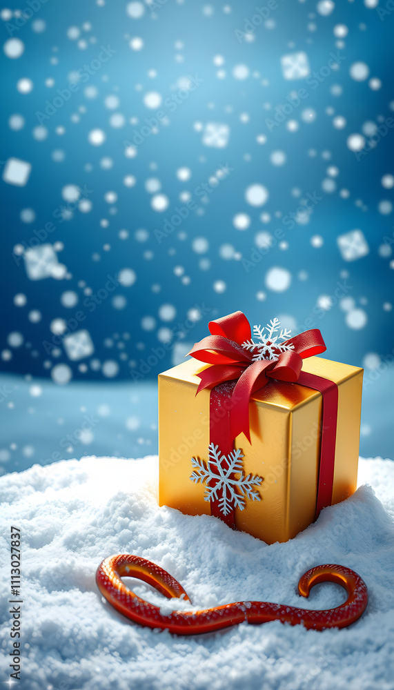 Festive Christmas snow background with copy space. Golden gift box with red ribbon, snowflake and serpentine on snow on evening blue sky background with falling snow flakes isolated with white highl Festive Christmas snow background with copy space. Golden gift box with red ribbon, snowflake and serpentine on snow on evening blue sky background with falling snow flakes isolated with white highl