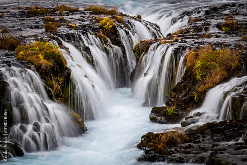 Close up image of the beautifull Bruarfoss blue waterfall in Iceland