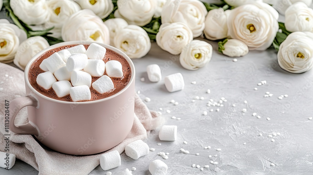 Cup of rich hot chocolate topped with marshmallows beside delicate ranunculus flowers on a dark wooden table with soft lighting Cup of rich hot chocolate topped with marshmallows beside delicate ranunculus flowers on a dark wooden table with soft lighting
