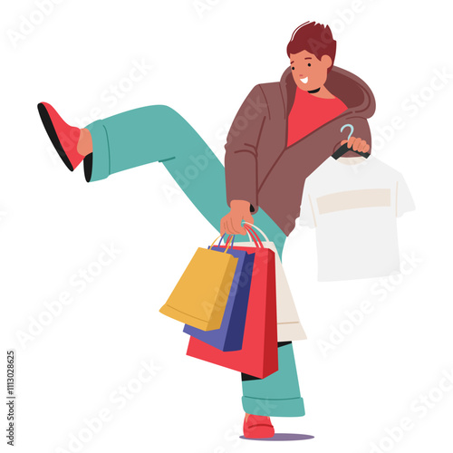 Teenage guy shopaholic cartoon character holding shopping bag enjoying casual clothing purchases