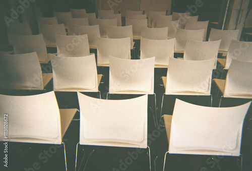 Rows of white chairs under the sunlight.  photo