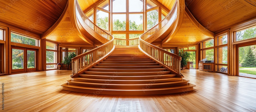 Fototapeta premium Elegant wooden staircase in a modern home with large windows and a high ceiling.