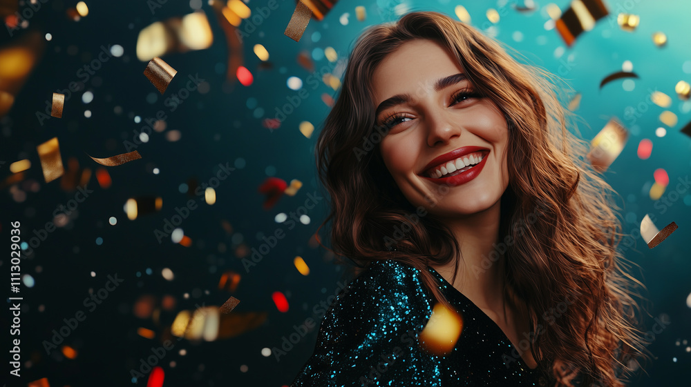 happy smiling attractive woman dressed in shiny dress celebarting New Year party with colorful confetti on studio background happy smiling attractive woman dressed in shiny dress celebarting New Year party with colorful confetti on studio background