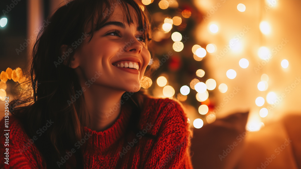 happy smiling pretty cute woman sitting at home in red knitted sweater celebrating Chritmas in cozy atmosphere with lights on background happy smiling pretty cute woman sitting at home in red knitted sweater celebrating Chritmas in cozy atmosphere with lights on background