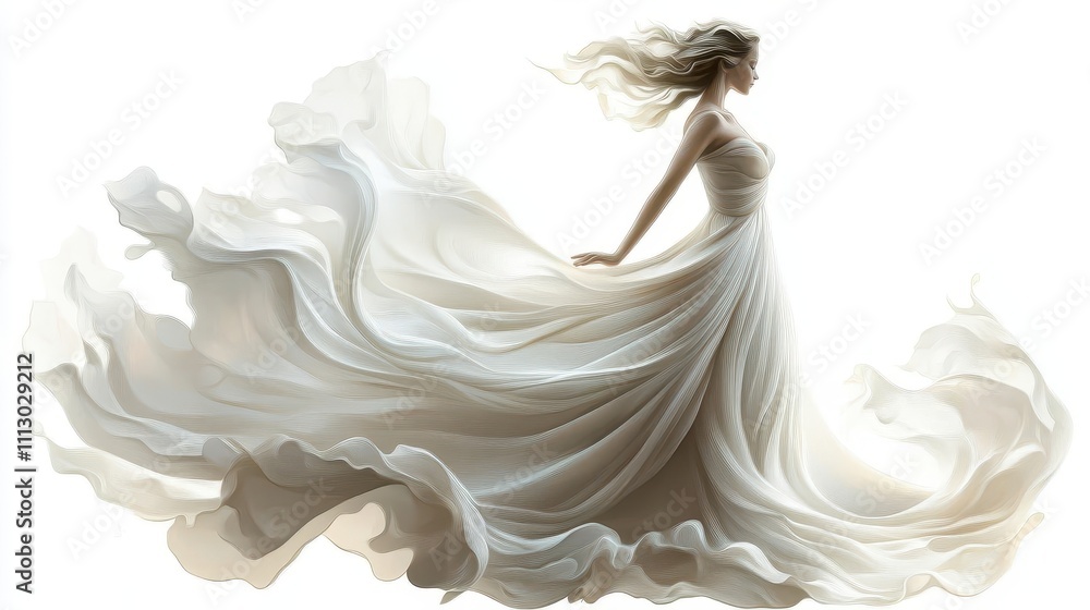 a bridal dress with flowing chiffon, ethereal and light, detailed illustration, isolated on white background a bridal dress with flowing chiffon, ethereal and light, detailed illustration, isolated on white background