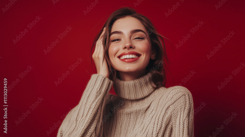 portrait of young attractive caucasian woman dressed in knitted cozy sweater celebrating Christmas and New Year posing on red studio background isolated portrait of young attractive caucasian woman dressed in knitted cozy sweater celebrating Christmas and New Year posing on red studio background isolated