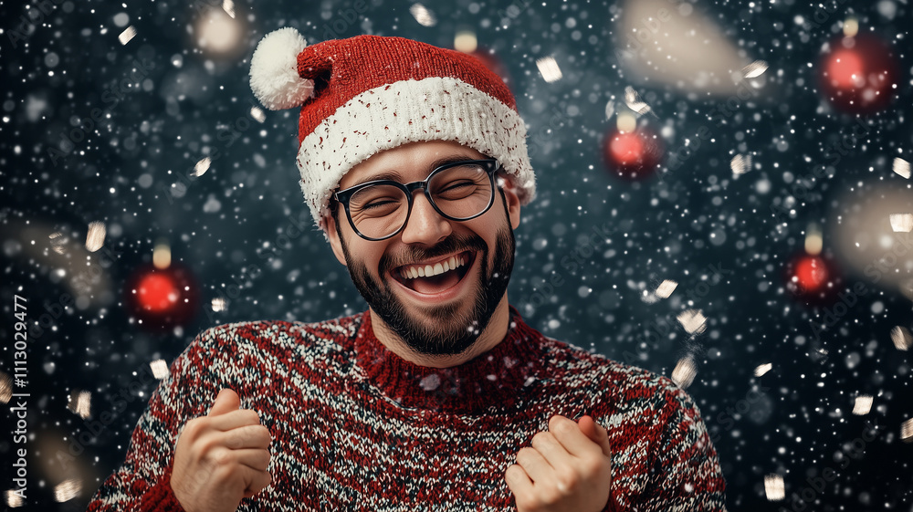 smiling happy attractive young man celebrating New Year in street in snowing evening winter party with bokeh effect dressed in warm stylish winter clothes, cheerful excited mood smiling happy attractive young man celebrating New Year in street in snowing evening winter party with bokeh effect dressed in warm stylish winter clothes, cheerful excited mood