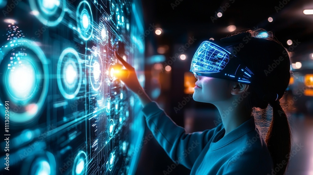 Obraz premium Futuristic interactive museum, holographic displays and digital art installations