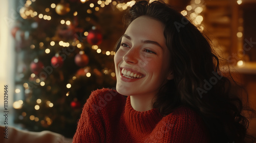 happy smiling pretty cute woman sitting at home in red knitted sweater celebrating Chritmas in cozy atmosphere with lights on background