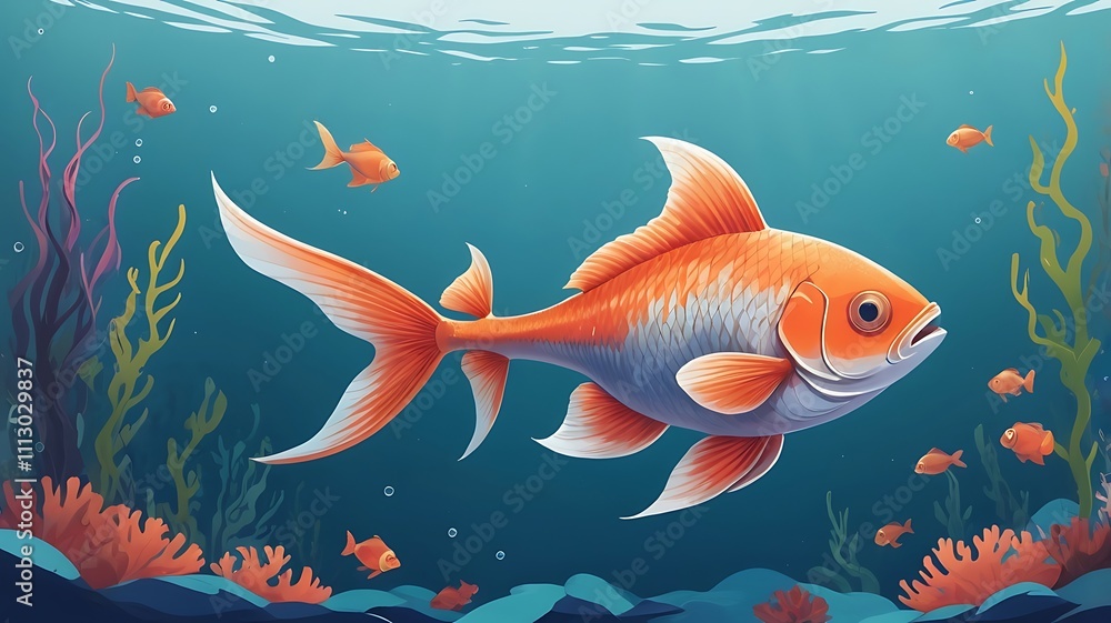A Large Orange Fish Swims Underwater With Smaller Fish A Large Orange Fish Swims Underwater With Smaller Fish