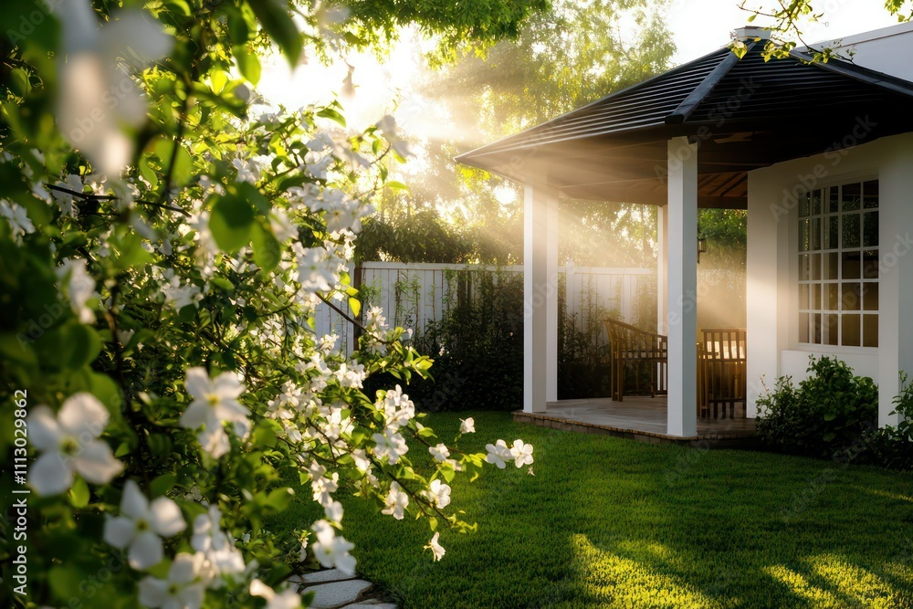 White-walled house with a backyard gazebo, morning sun rays casting a glow on dewy jasmine vines. White-walled house with a backyard gazebo, morning sun rays casting a glow on dewy jasmine vines.
