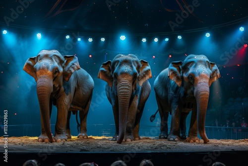 Three majestic elephants perform under dazzling circus lights in a captivating display. photo