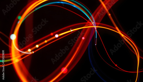 light painting photography, waves of vibrant color against a black background. Long exposure photo of vibrant fairy lights in abstract isolated with white highlights, png