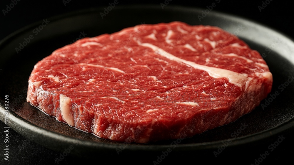 A raw beef steak displayed on a black plate, showcasing its marbling and freshness. A raw beef steak displayed on a black plate, showcasing its marbling and freshness.