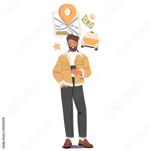 Man cartoon character using mobile phone service for booking taxi cab standing isolated on white
