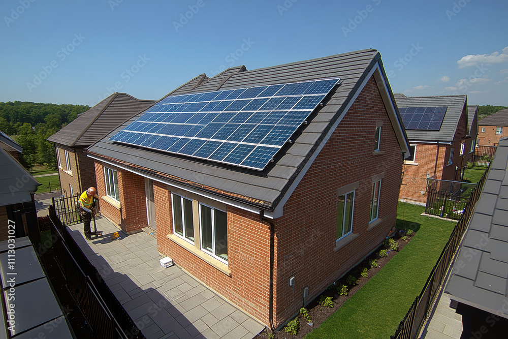 Suburban house with solar panel rooftop installation for clean energy Suburban house with solar panel rooftop installation for clean energy