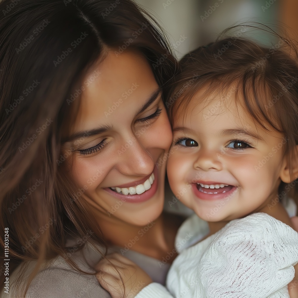 A mother holds her smiling child, capturing a moment of pure joy and love in a joyful embrace. A mother holds her smiling child, capturing a moment of pure joy and love in a joyful embrace.