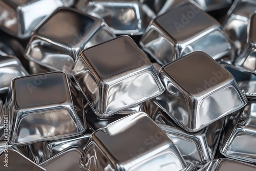 A close-up view of shiny silver cubes stacked together on a reflective surface. photo