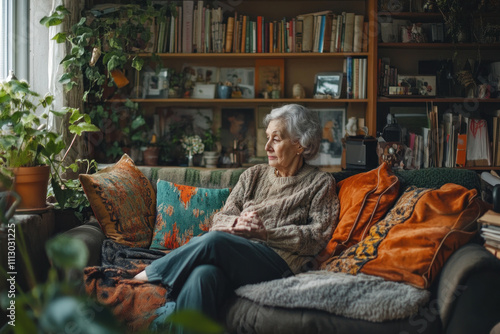 Older woman on couch in cozy living room surrounded by family photos, with warm light streaming in through window, knitting a colorful scarf.