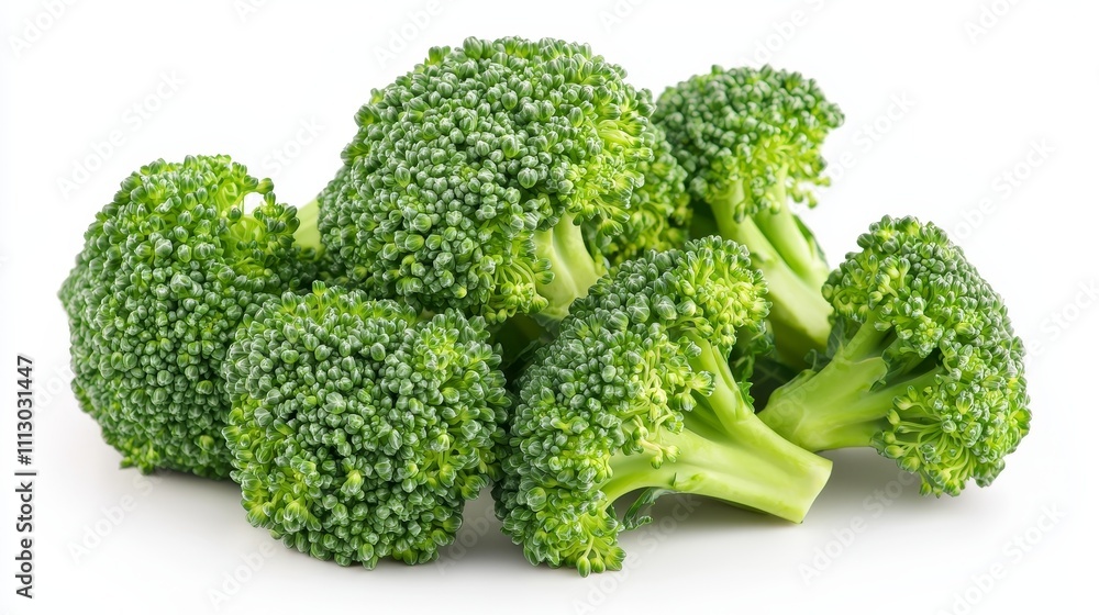 Fresh broccoli isolated on white, vivid greens and intricate floret detail, captured in soft, diffused light, perfect for vegan ad campaigns Fresh broccoli isolated on white, vivid greens and intricate floret detail, captured in soft, diffused light, perfect for vegan ad campaigns