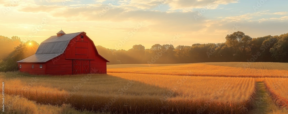 Red barn stands in golden wheat field at dawn. Sunbeams illuminate fields, barn. Peaceful rural scene. Warm morning light. Countryside landscape. Tranquil image. Ideal for farm, agriculture, rural Red barn stands in golden wheat field at dawn. Sunbeams illuminate fields, barn. Peaceful rural scene. Warm morning light. Countryside landscape. Tranquil image. Ideal for farm, agriculture, rural