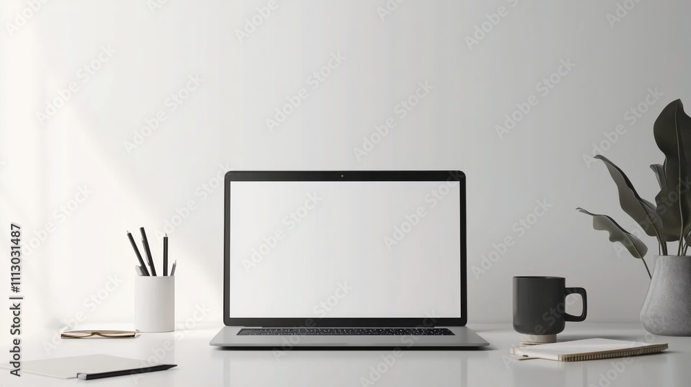 A sleek laptop mockup on a silver desk, surrounded by minimalistic accessories, invites creativity.