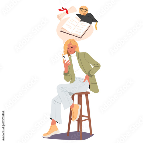 Young stylish woman cartoon character using mobile phone application for learning and studying