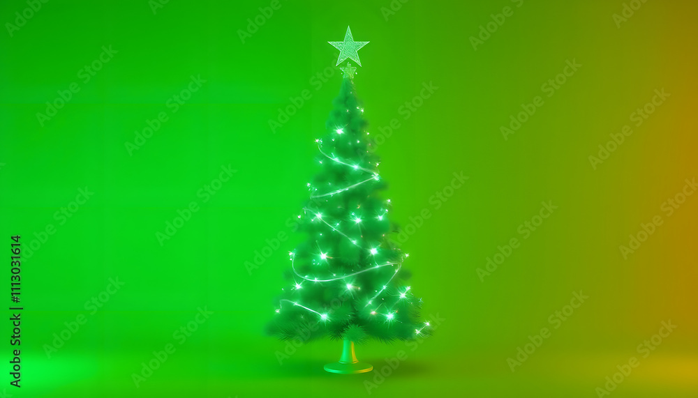 Green Christmas tree with sparkling lights on green background 3D Rendering, 3D Illustration isolated with white highlights, png Green Christmas tree with sparkling lights on green background 3D Rendering, 3D Illustration isolated with white highlights, png