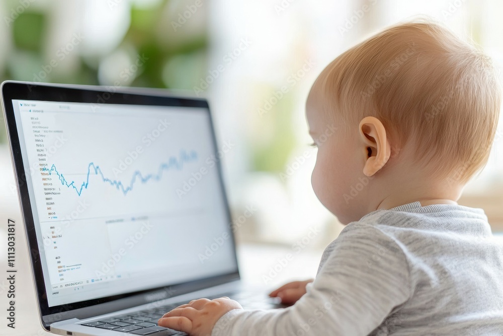 A baby is looking at a computer screen with a graph on it A baby is looking at a computer screen with a graph on it
