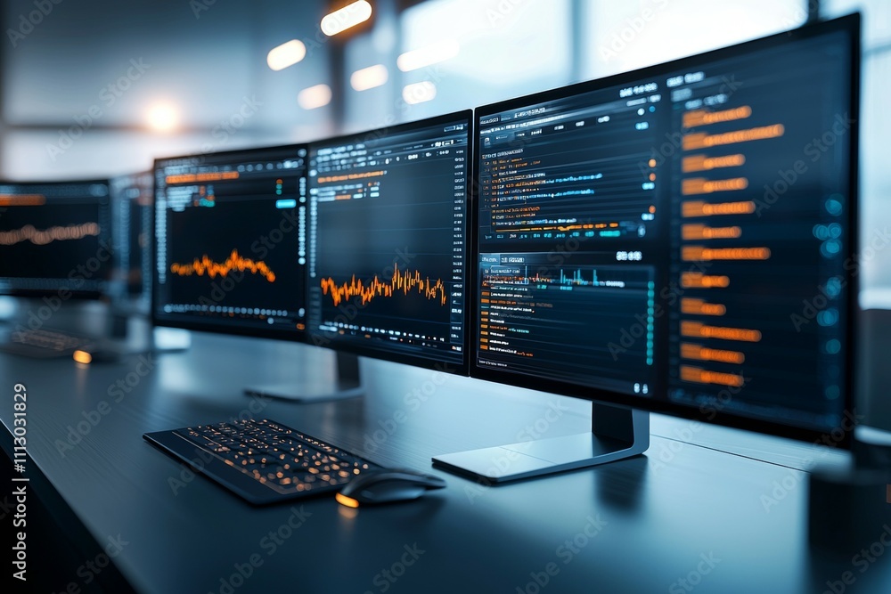 A computer monitor displays a series of graphs and numbers A computer monitor displays a series of graphs and numbers