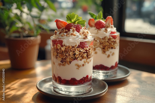 Two desserts topped with fresh strawberries, featuring a decadent chocolate cake and a creamy cheesecake, set against a rustic wooden backdrop.