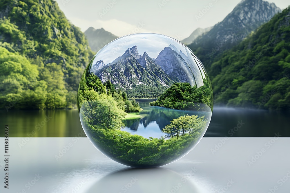 Mountain Lake Reflection in Glass Sphere Mountain Lake Reflection in Glass Sphere
