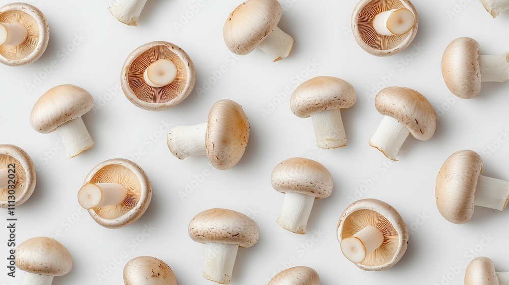 Overhead view of multiple champignon mushrooms in random arrangement, isolated on a white background, vibrant and clean for food advertising Overhead view of multiple champignon mushrooms in random arrangement, isolated on a white background, vibrant and clean for food advertising