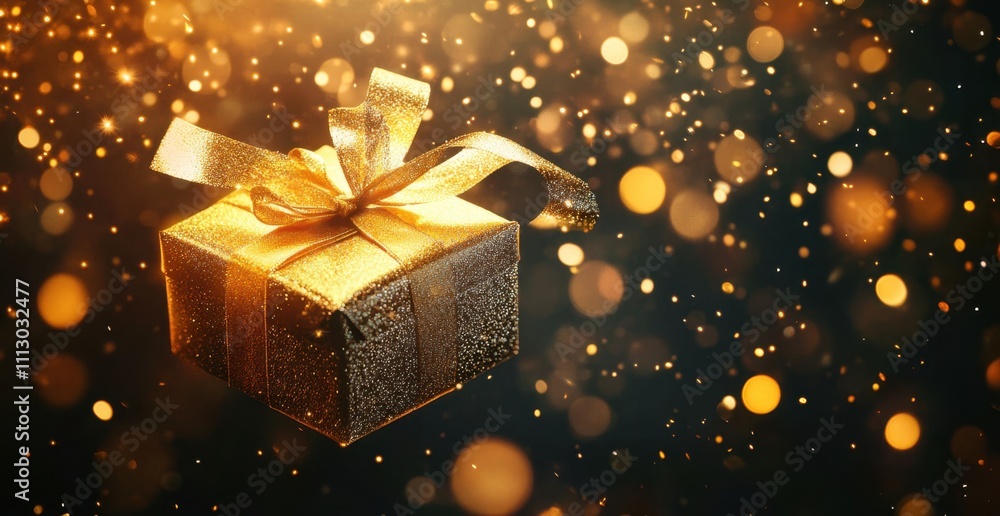 A golden open gift box with an elegant ribbon on the left side of it, floating in mid-air against a black background Generative AI A golden open gift box with an elegant ribbon on the left side of it, floating in mid-air against a black background Generative AI