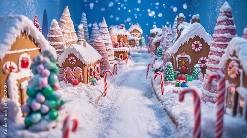 An enchanting world made entirely of gingerbread and candy. Gingerbread houses with icing roofs stand beside candy cane lampposts.