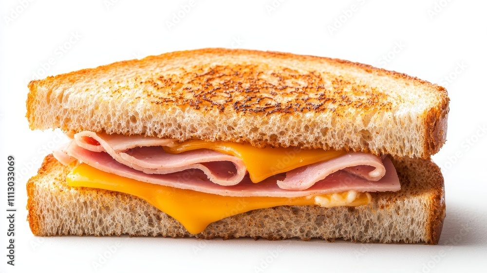 Close-up of a classic toasted ham and cheese sandwich, golden crispy bread, layers of gooey cheese and ham, isolated with a clean white backdrop Close-up of a classic toasted ham and cheese sandwich, golden crispy bread, layers of gooey cheese and ham, isolated with a clean white backdrop