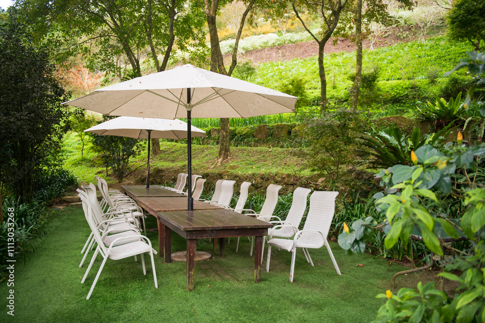 outdoor dining area with umbrellas and greenery outdoor dining area with umbrellas and greenery