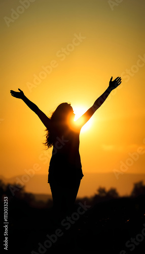 Silhouette of a female in the sunset lifting her arms up to the morning sun light with feelings of peace, and hope isolated with white highlights, png