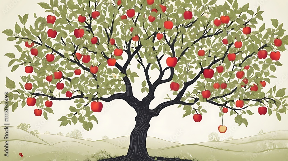 Fototapeta premium A Bountiful Apple Tree In A Rolling Green Landscape