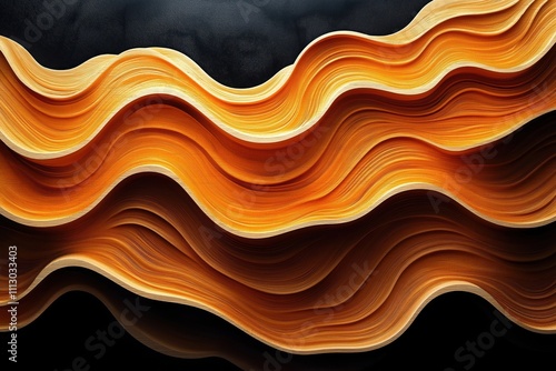 Abstract illustration shows layers of wavy wood carvings. Golden orange hues create dynamic patterns. Design evokes natural elements like sandstone flowing water. Image suitable for modern art photo